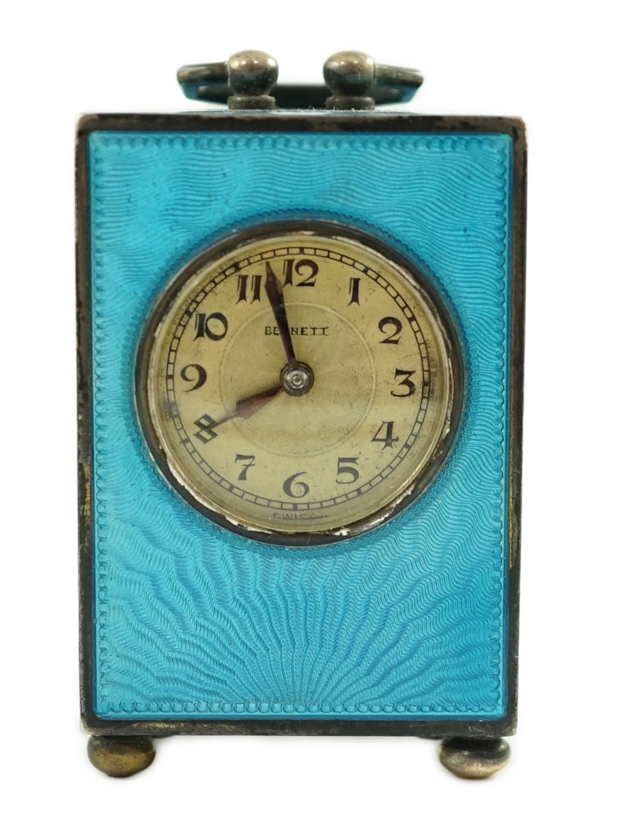 A George V Swiss blue enamel and silver cased miniature carriage timepiece, import marks for Arthur George Rendell, London, 1924, 43mm, on bun feet, in gilt tooled leather carrying case